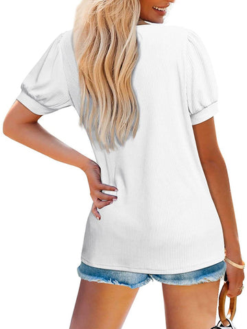 T-Shirt V-Neck Loose Short Sleeve High Stretch Casual Puff Sleeve Top