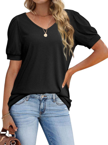 T-Shirt V-Neck Loose Short Sleeve High Stretch Casual Puff Sleeve Top