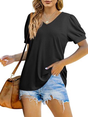 T-Shirt V-Neck Loose Short Sleeve High Stretch Casual Puff Sleeve Top