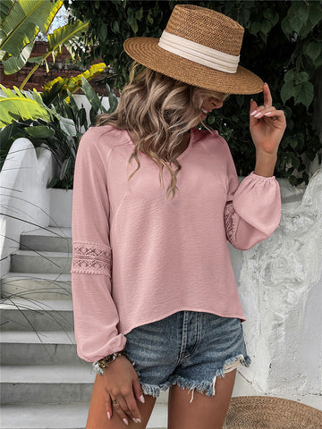 Solid Color Shirt Lantern Sleeve Lace Hollow Chiffon Top