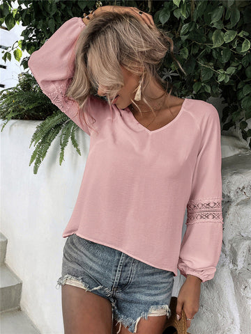 Solid Color Shirt Lantern Sleeve Lace Hollow Chiffon Top