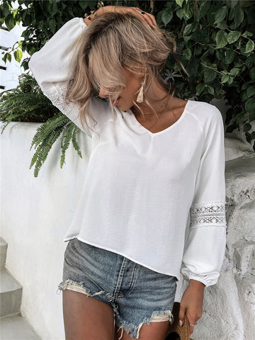 Solid Color Shirt Lantern Sleeve Lace Hollow Chiffon Top