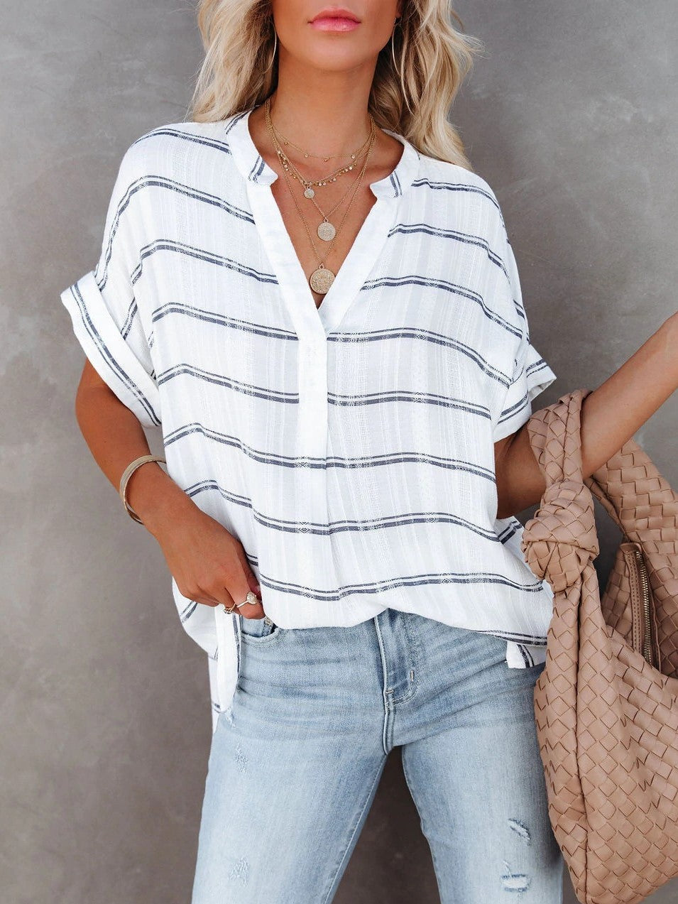 Thin V-Neck Pullover Shirt Loose Shirt