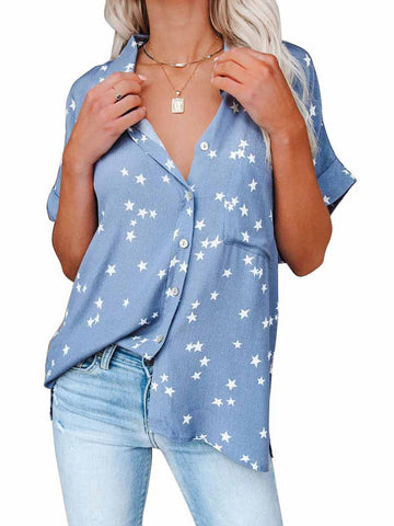 Star Print V-neck Buttoned Bat Short-sleeve Shirt