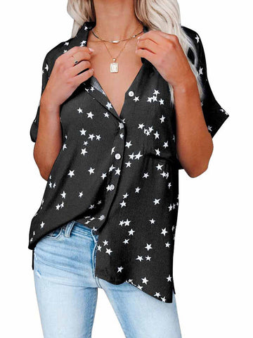 Star Print V-neck Buttoned Bat Short-sleeve Shirt