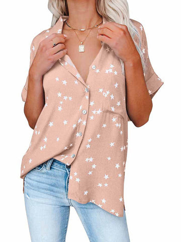 Star Print V-neck Buttoned Bat Short-sleeve Shirt