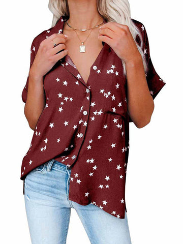 Star Print V-neck Buttoned Bat Short-sleeve Shirt