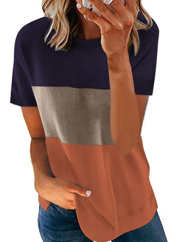 Stitching Contrast Color Round Neck Short Sleeve Casual Loose