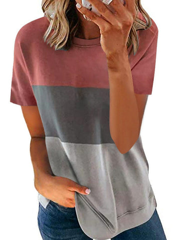 Stitching Contrast Color Round Neck Short Sleeve Casual Loose