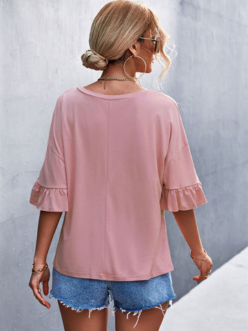 Solid Crew Neck Double Ruffle Sleeve Top