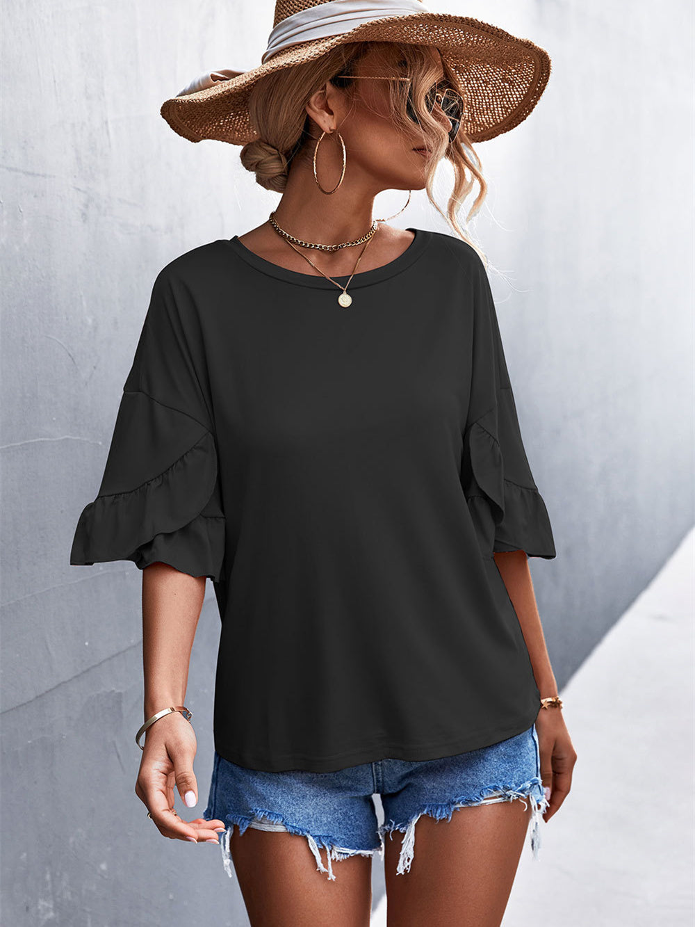 Solid Crew Neck Double Ruffle Sleeve Top