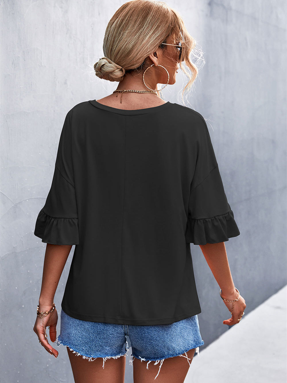 Solid Crew Neck Double Ruffle Sleeve Top