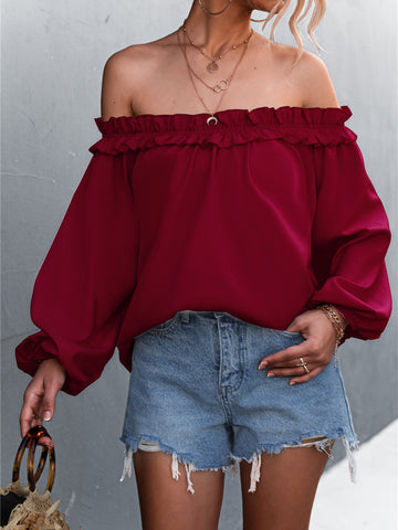 Solid Color One Shoulder Lantern Sleeve T-Shirt Top