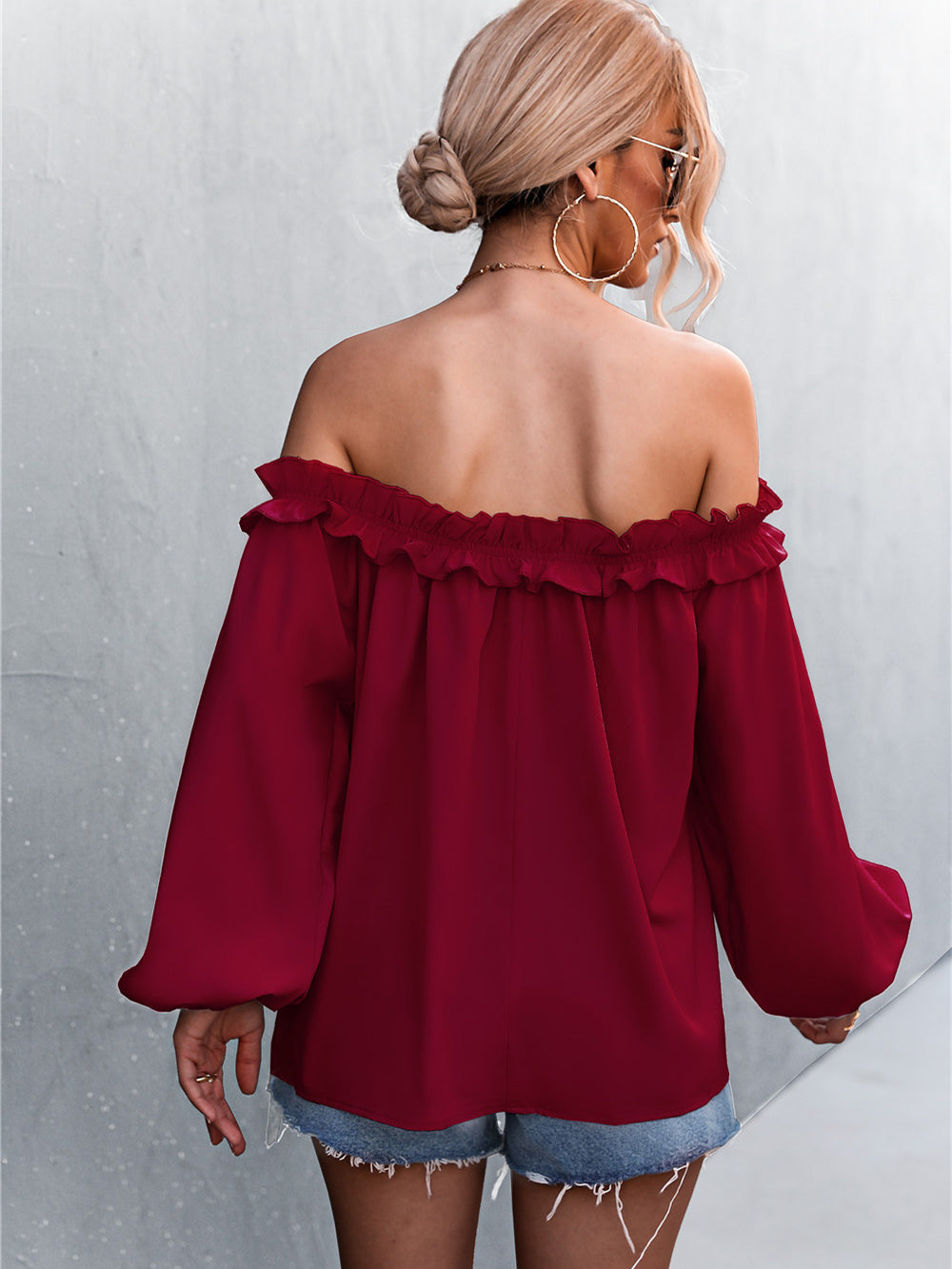 Solid Color One Shoulder Lantern Sleeve T-Shirt Top