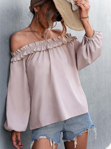 Solid Color One Shoulder Lantern Sleeve T-Shirt Top