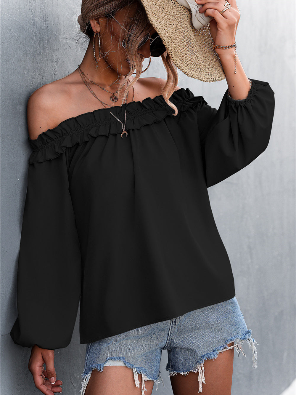 Solid Color One Shoulder Lantern Sleeve T-Shirt Top