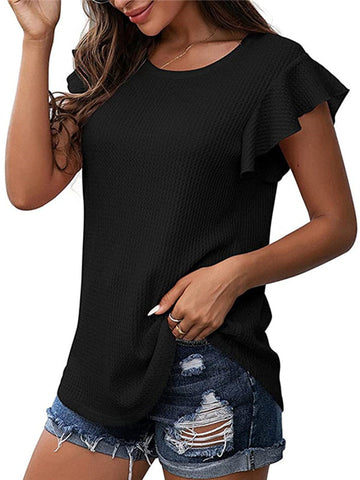 Solid Color Waffle Loose Crew Neck Ruffle Sleeve Short Sleeve T-Shirt