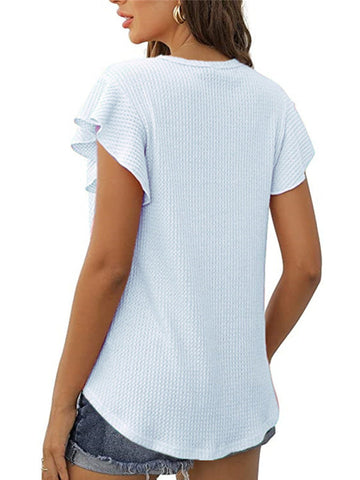 Solid Color Waffle Loose Crew Neck Ruffle Sleeve Short Sleeve T-Shirt