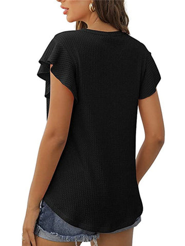 Solid Color Waffle Loose Crew Neck Ruffle Sleeve Short Sleeve T-Shirt