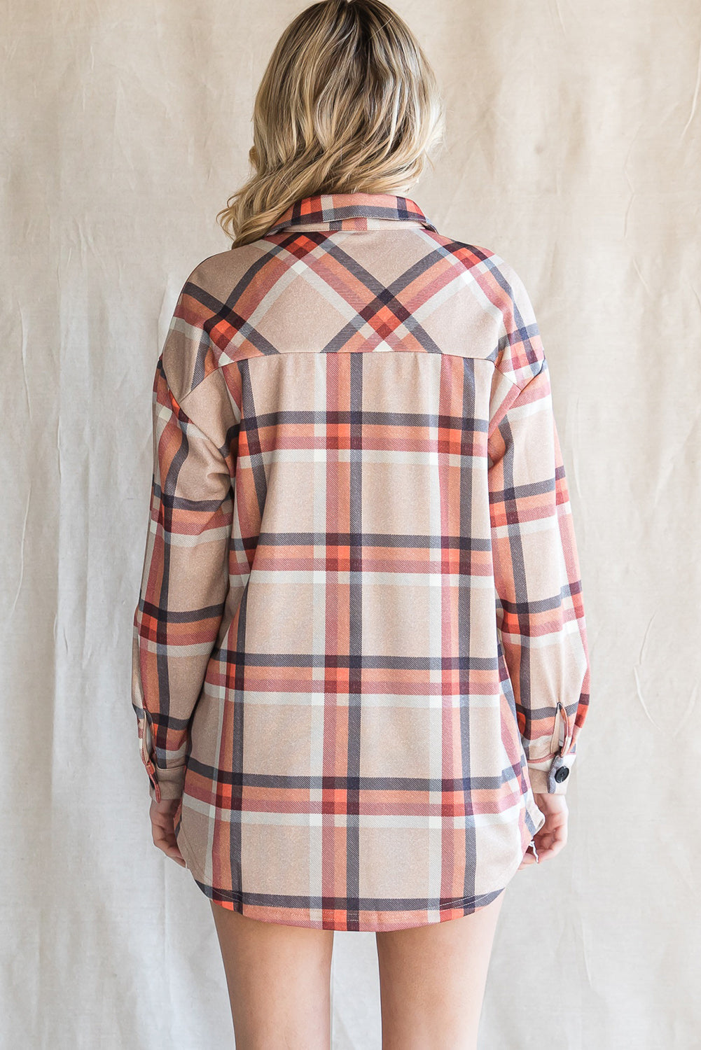 Khaki Chest Pockets Buttoned Oversized Plaid Shacket