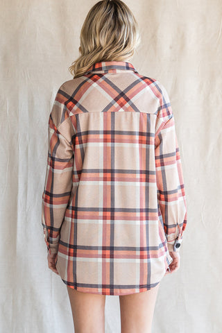 Khaki Chest Pockets Buttoned Oversized Plaid Shacket