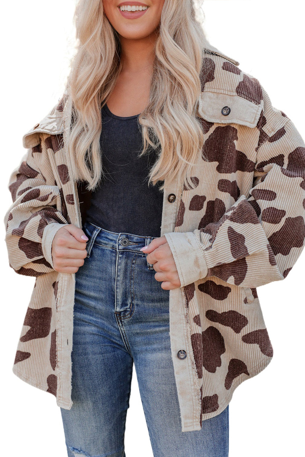 Khaki Cow Spots Printed Corduroy Shacket