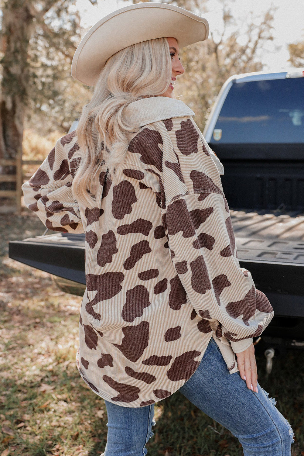 Khaki Cow Spots Printed Corduroy Shacket