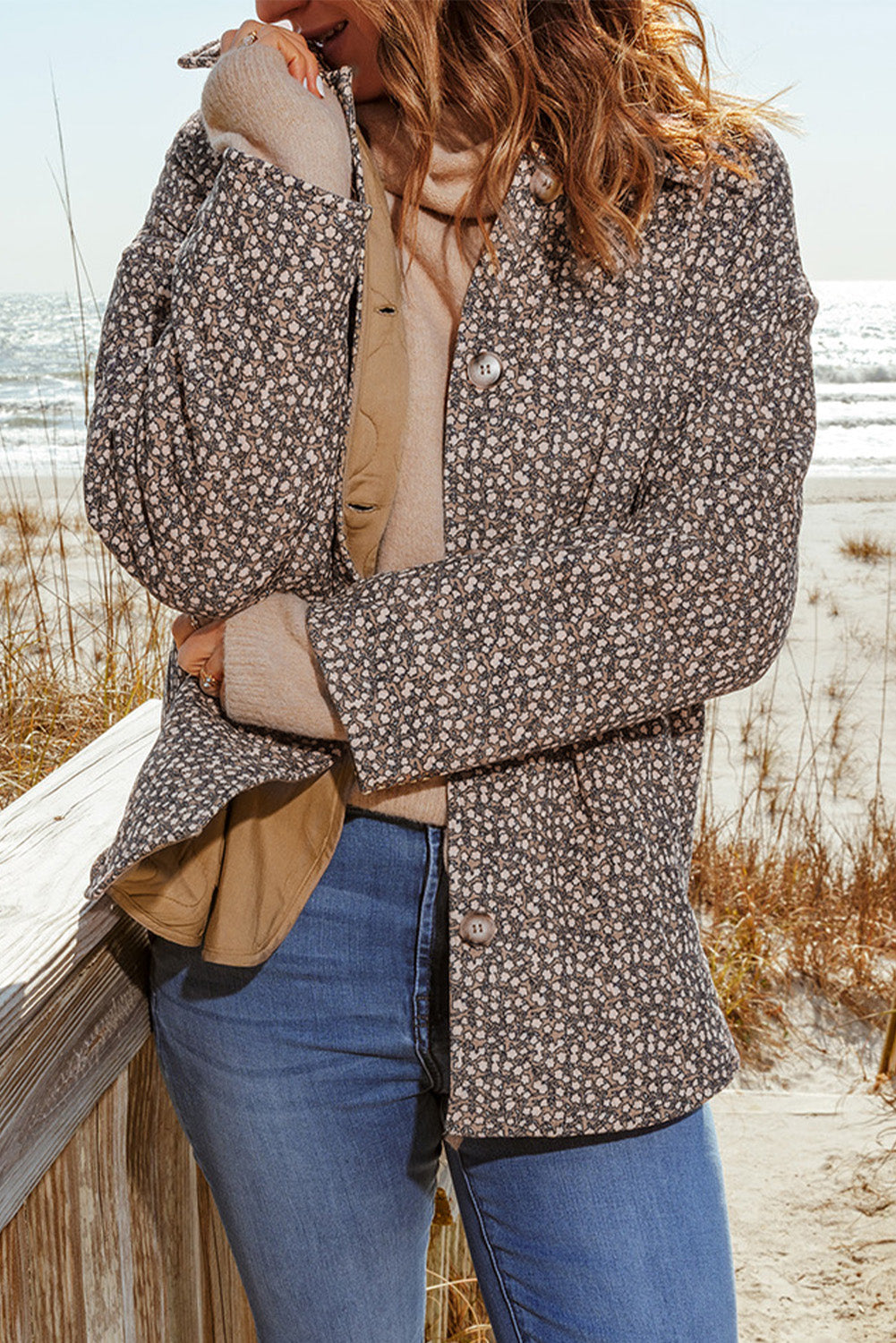 Khaki Floral Print Buttoned Long Sleeve Jacket