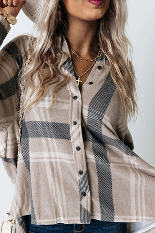 Khaki High Low Brushed Plaid Oversize Shacket