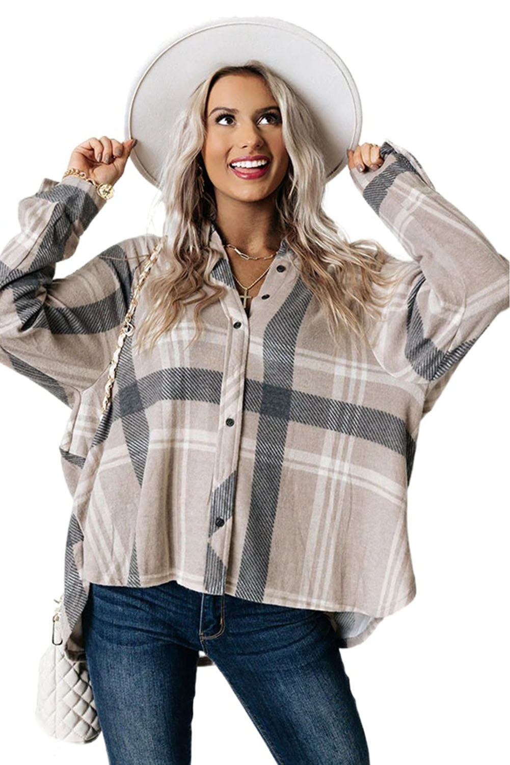 Khaki High Low Brushed Plaid Oversize Shacket