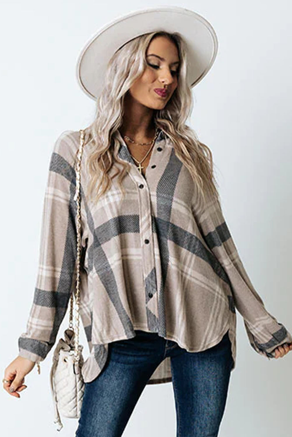 Khaki High Low Brushed Plaid Oversize Shacket