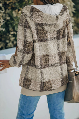 Khaki Plaid Print Zipper Fleece Hooded Coat