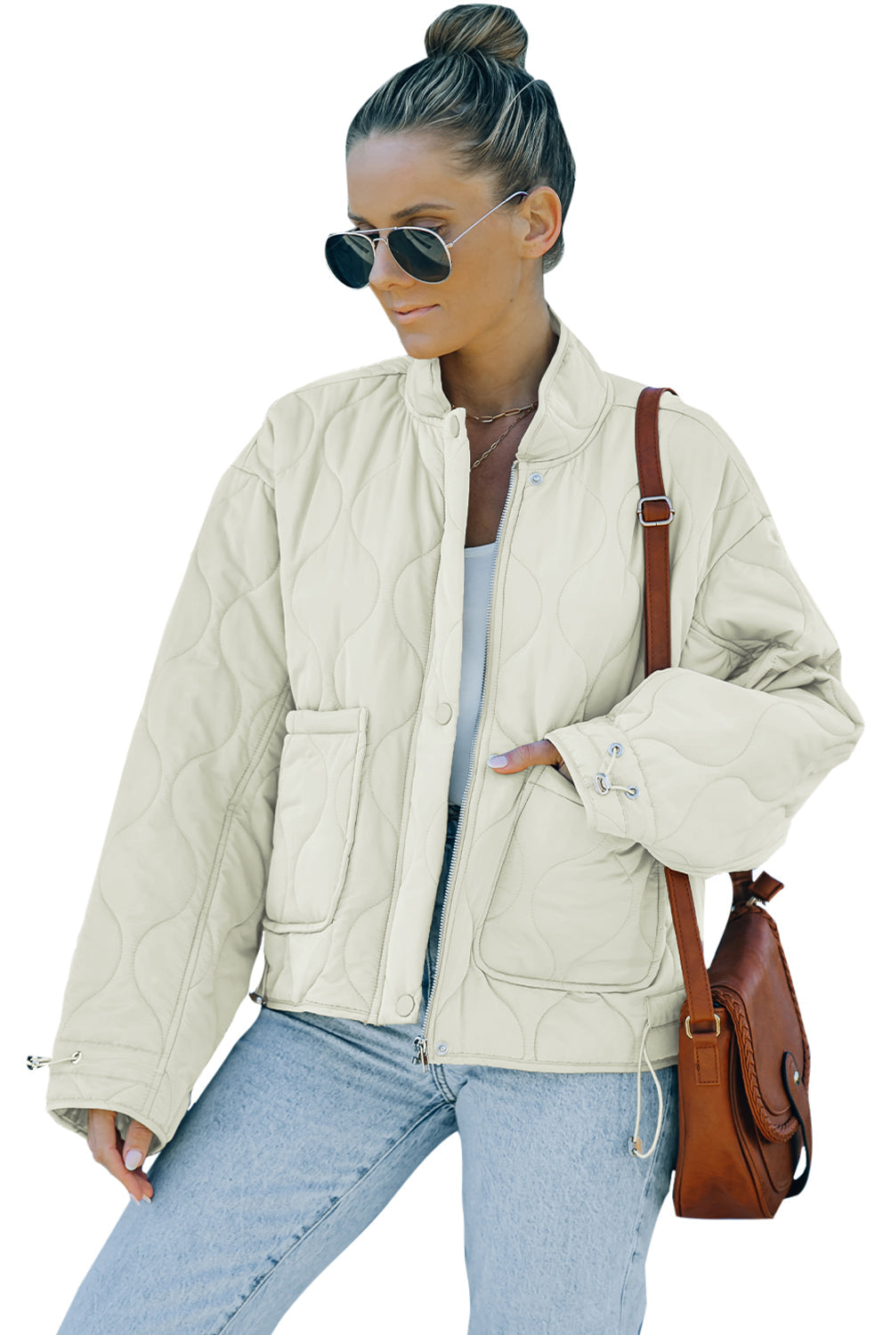 Khaki Stand Collar Quilted Liner Jacket