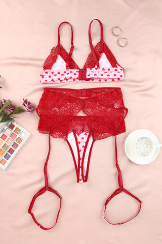 Lace Trim Heart Print Valentines Lingerie Set