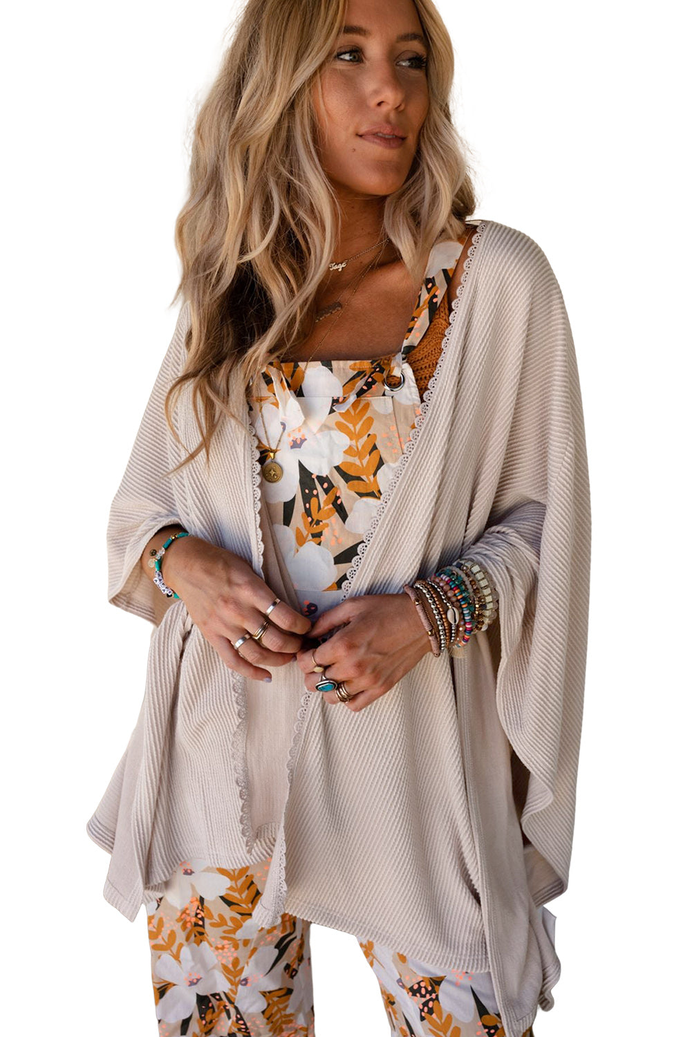 Lace Trim Ribbed Oversize Kimono