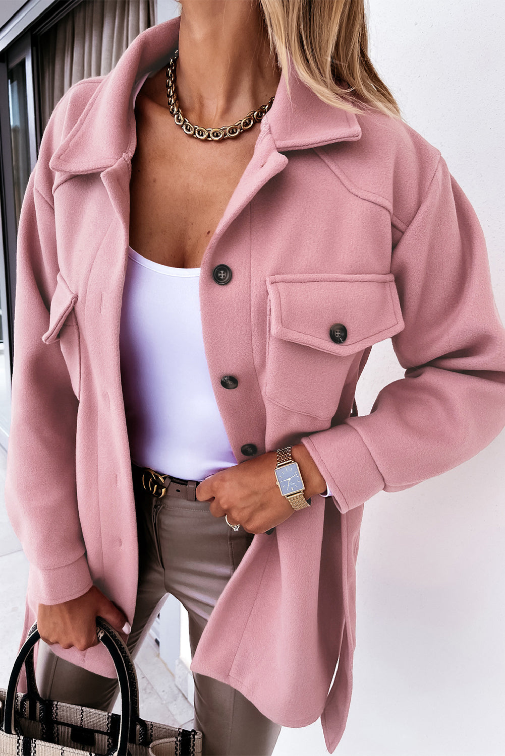 Lapel Button-Down Coat With Chest Pockets