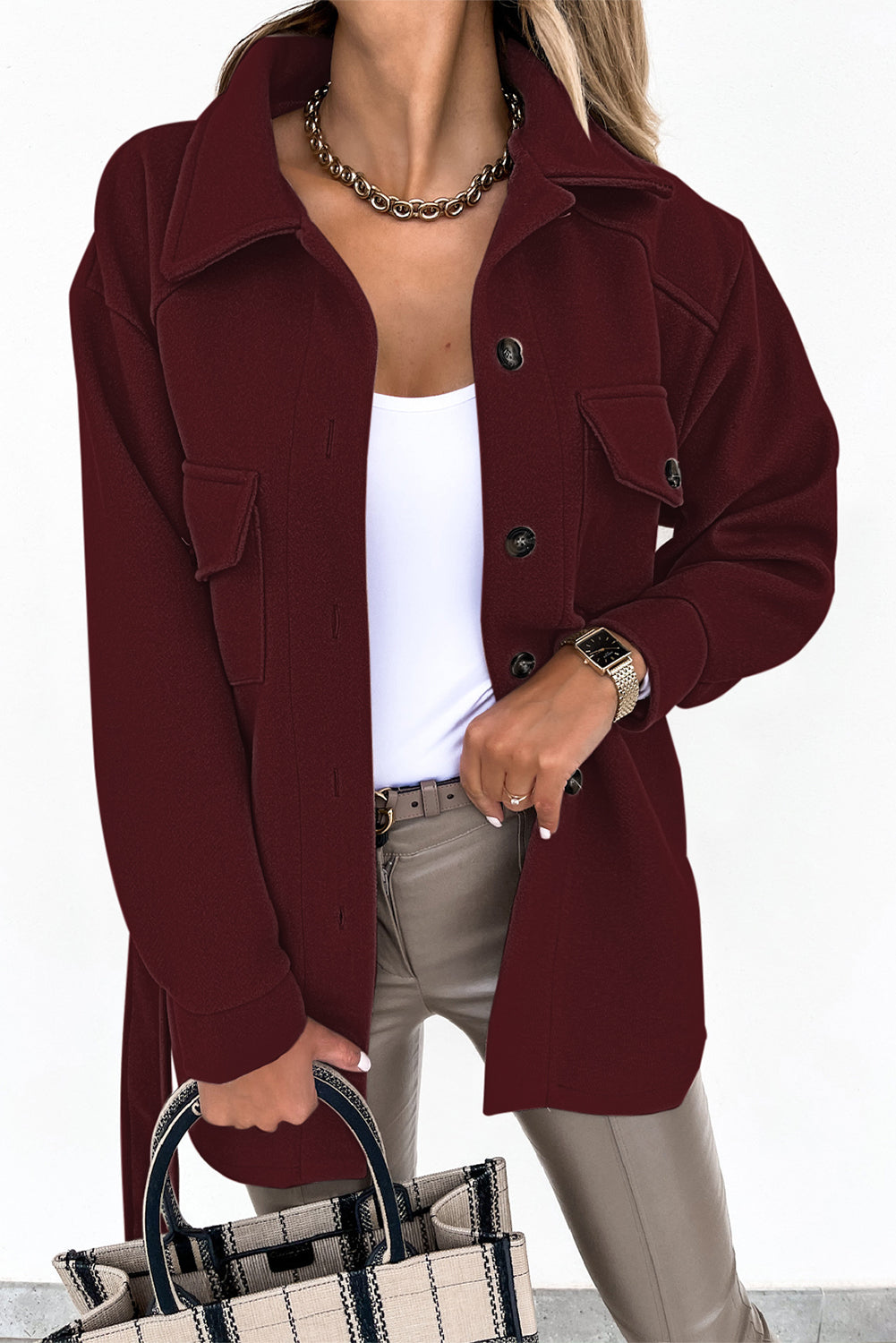 Lapel Button-Down Coat With Chest Pockets