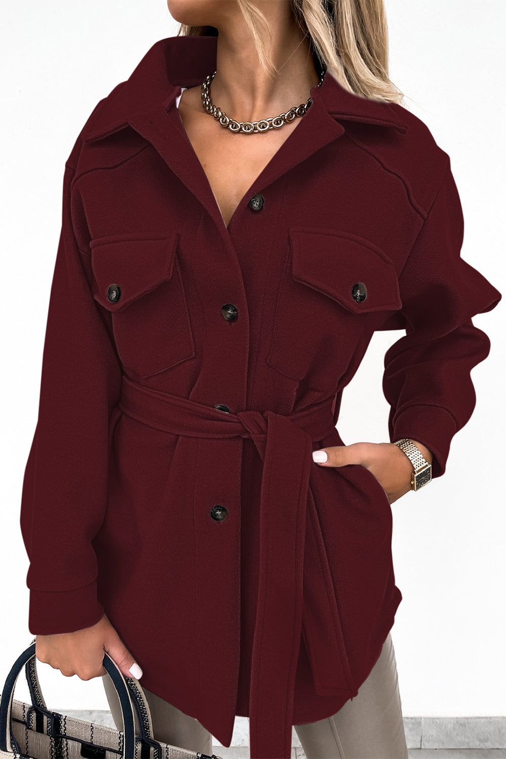 Lapel Button-Down Coat With Chest Pockets