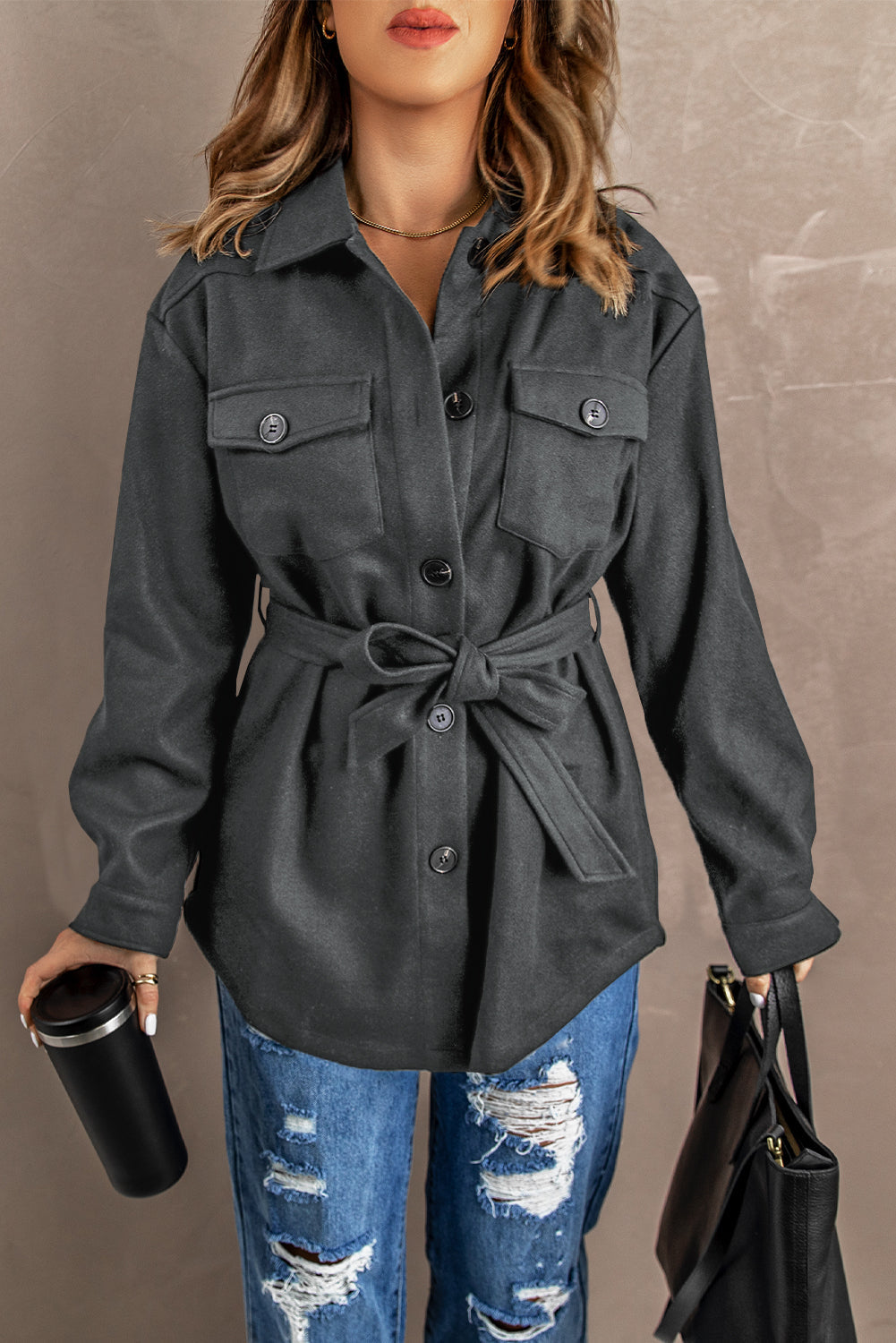 Lapel Button-Down Coat With Chest Pockets