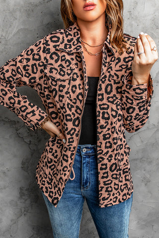 Lapel Collar Zipper Drawstring Leopard Coat