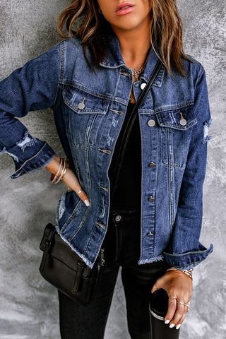 Lapel Distressed Raw Hem Buttons Denim Jacket