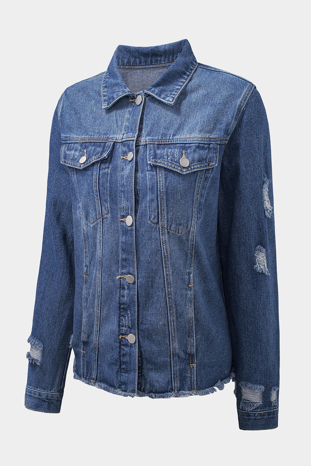 Lapel Distressed Raw Hem Buttons Denim Jacket