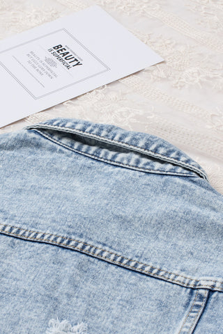 Lapel Distressed Raw Hem Buttons Denim Jacket