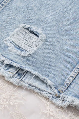 Lapel Distressed Raw Hem Buttons Denim Jacket