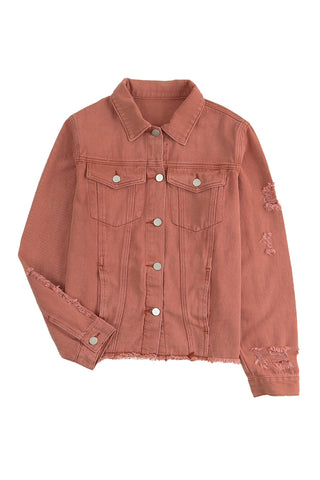 Lapel Distressed Raw Hem Buttons Denim Jacket