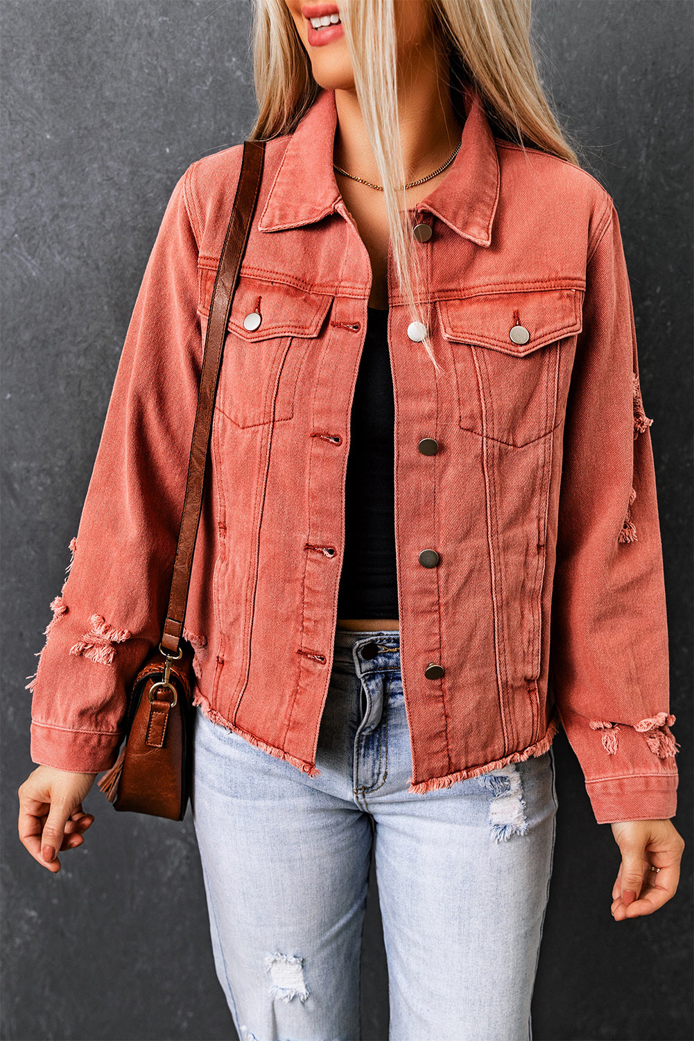 Lapel Distressed Raw Hem Buttons Denim Jacket