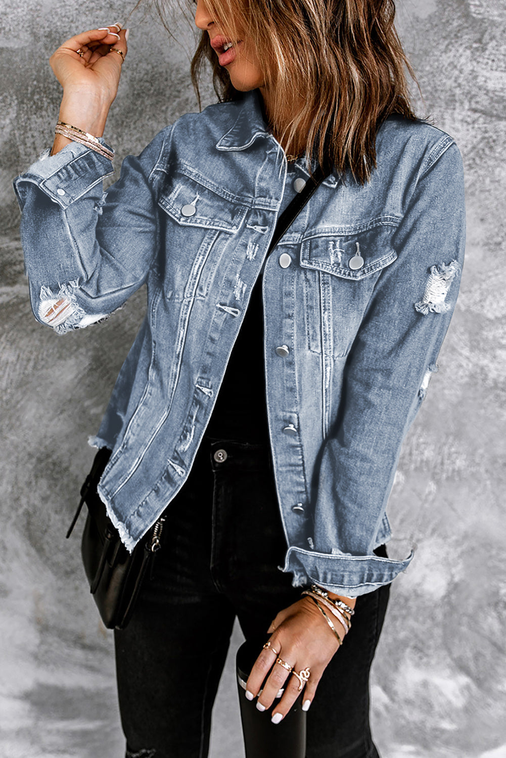 Lapel Distressed Raw Hem Buttons Denim Jacket