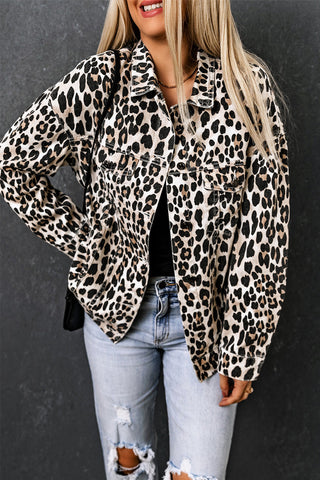 Leopard Print Button Up Denim Jacket