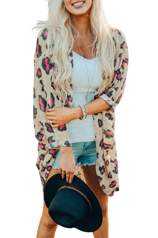 Leopard Print Open Front Long Sleeve Kimono