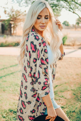 Leopard Print Open Front Long Sleeve Kimono